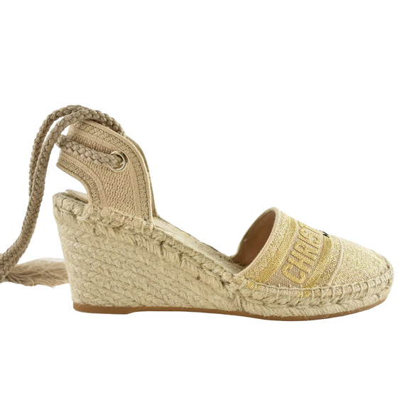 Christian Dior Granville 62K Gold Logo Lace Up Tie Espadrille Mule Heel Wedge 40 - Picture 1 of 11